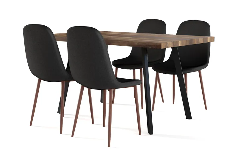 Marcelen Spisebord Uttrekkbart med ileggsplate + 4 stk Nibe stol svart med valnøttben, Brun/Svart