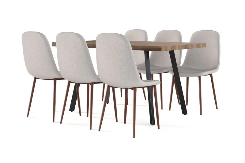 Marcelen Spisebord Uttrekkbart med ileggsplate + 6 stk Nibe stol beige med valnøttben - Brun/Beige - M øbler - Bord - Spisegrupper