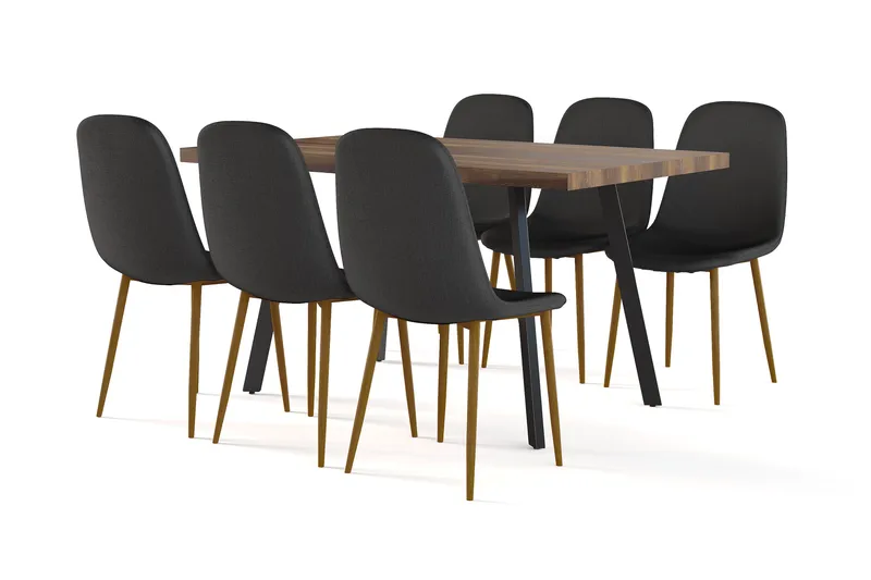 Marcelen Spisebord Uttrekkbart med ileggsplate + 6 stk Nibe stol svart med eikeben, Brun/Svart