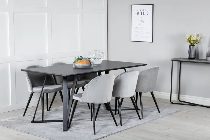 Marina Spisegruppe 180 cm Rektangulær med 6 Velvet Stoler - Sort - Møbler - Bord - Spisegrupper