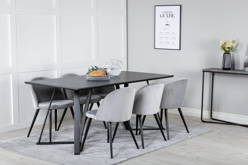 Marina Spisegruppe 180 cm Rektangulær med 6 Velvet Stoler - Sort - Møbler - Bord - Spisegrupper