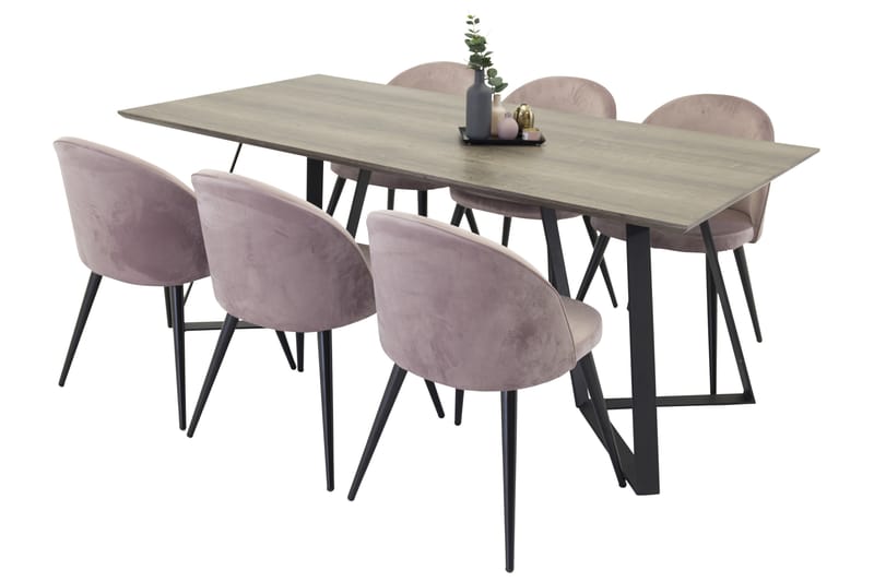 Marina Spisegruppe 180 cm Rektangulær med 6 Velvet Stoler - Sort - Møbler - Bord - Spisegrupper