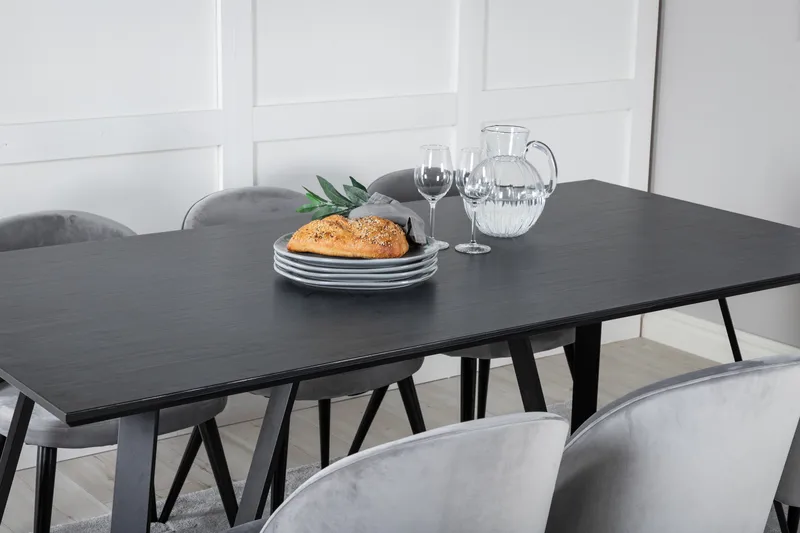 Marina Spisegruppe 180 cm Rektangulær med 6 Velvet Stoler - Sort - Møbler - Bord - Spisegrupper