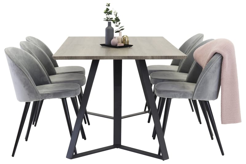 Marina Spisegruppe 180 cm Rektangulært med 6 Velvet Fløyel Spisestoler, Svart / Grå / Brun