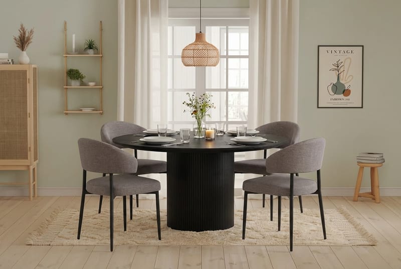 Matgrupp Bark Kopparbo Runt Stort Matbord 180 cm Svart med 4 Sawako Greige Stolar Svart|Greige - Møbler - Bord - Spisegrupper