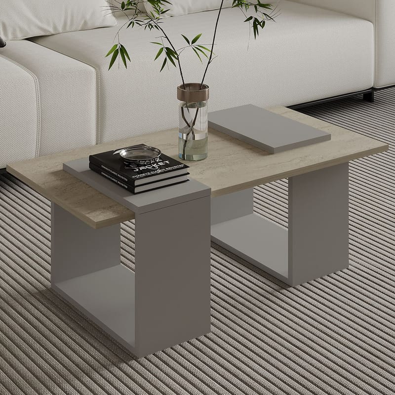 Matris Sofabord 90x37x46,6 cm - Grå og travertin - Møbler - Bord - Sofabord