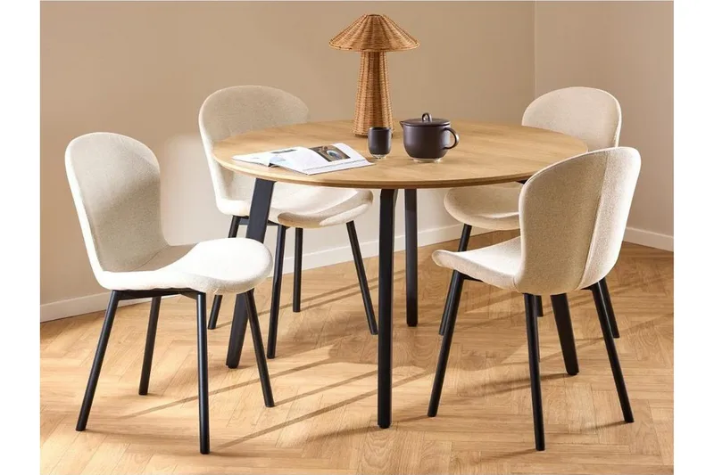 Motona Rund Spisegruppe 120 cm + 4 stk. Amrita Spisestoler, Svart/Beige