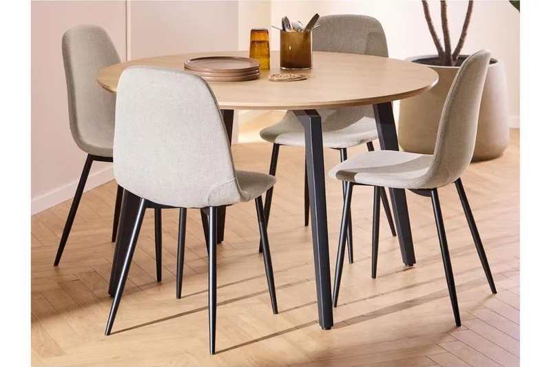 Motona spisegruppe med rundt bord 120 cm + 4 stk. Salaman-spisestoler, Svart/Beige