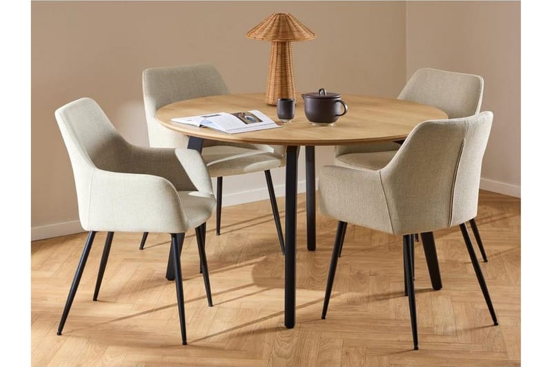 Motona Spisegruppe Rund 120 Cm + 4 Nielsby Spisestuestoler, Svart/Beige
