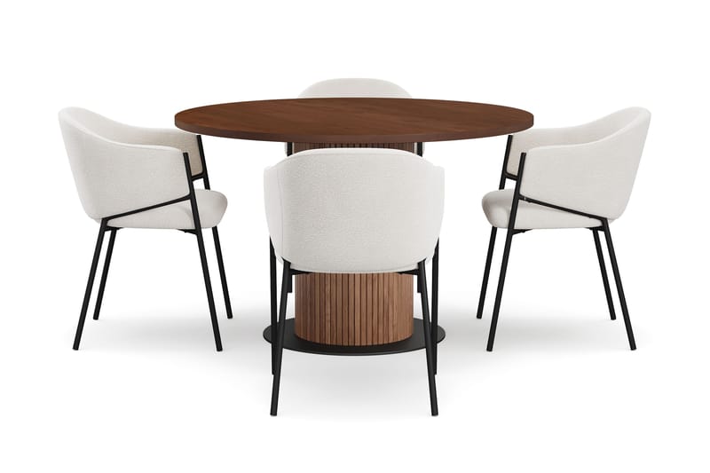 Noira Lite Rundt Spisebord Valnøtt 120 cm med 4 Filip Spisestoler - Brun / Hvit Bouclé - Møbler - Bord - Spisegrupper