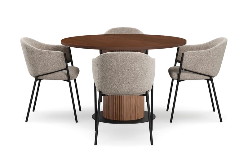 Noira Lite Rundt Spisebord Valnøtt 120 cm med 4 Filip Spisestoler - Brun / Taupe Bouclé - Møbler - Bord - Spisegrupper