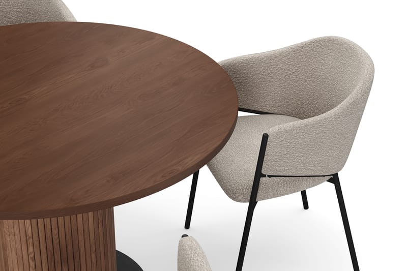Noira Lite Rundt Spisebord Valnøtt 120 cm med 4 Filip Spisestoler - Brun / Taupe Bouclé - Møbler - Bord - Spisegrupper