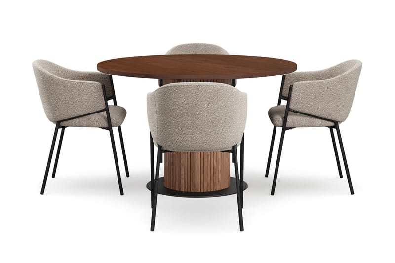 Noira Lite Rundt Spisebord Valnøtt 120 cm med 4 Filip Spisestoler - Brun / Taupe Bouclé - Møbler - Bord - Spisegrupper