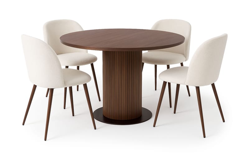 Noira Lite Rundt Spisebord Valnøtt 120 cm med 4 Greya Spisestoler med armlener, Brun / Hvit Bouclé / Metallben Valnøtt
