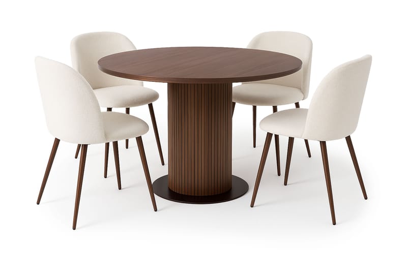 Noira Lite Rundt Spisebord Valnøtt 120 cm med 4 Greya Spisestoler med armlener, Brun / Hvit Bouclé / Metallben Valnøtt