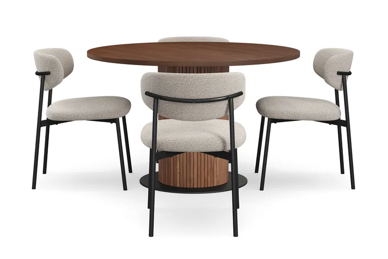 Noira Lite Rundt Spisebord Valnøtt 120 cm med 4 Lucy Spisestoler - Brun / Greige Bouclé / Metallben Svart - Møbler - Bord - Spisegrupper