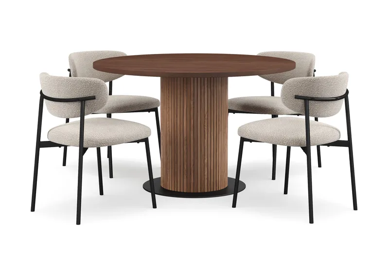 Noira Lite Rundt Spisebord Valnøtt 120 cm med 4 Lucy Spisestoler, Brun / Greige Bouclé / Metallben Svart