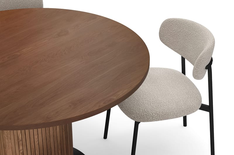 Noira Lite Rundt Spisebord Valnøtt 120 cm med 4 Lucy Spisestoler - Brun / Greige Bouclé / Metallben Svart - Møbler - Bord - Spisegrupper