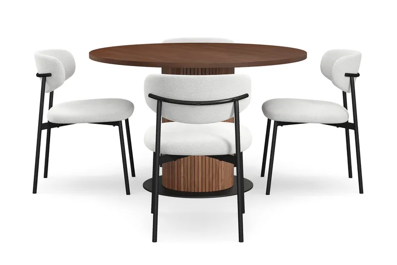 Noira Lite Rundt Spisebord Valnøtt 120 cm med 4 Lucy Spisestoler - Brun / Hvit Bouclé / Metallben Svart - Møbler - Bord - Spisegrupper