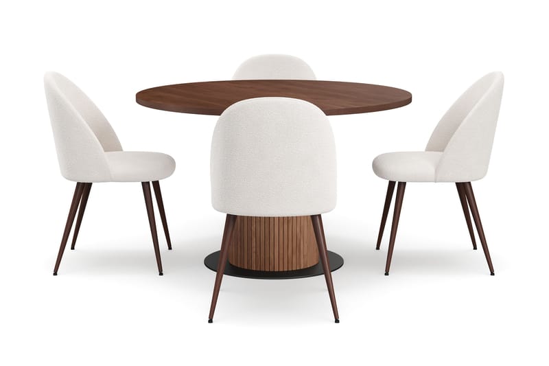 Noira Lite Rundt Spisebord Valnøtt 120 cm med 4 Nibe Plus Spisestoler - Brun / Hvit Bouclé / Metallben Valnøtt - Møbler - Bord - Spisegrupper