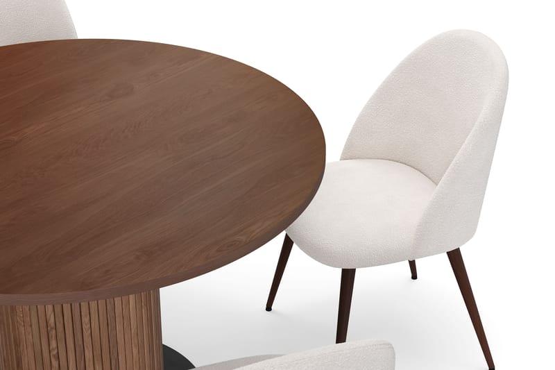 Noira Lite Rundt Spisebord Valnøtt 120 cm med 4 Nibe Plus Spisestoler - Brun / Hvit Bouclé / Metallben Valnøtt - Møbler - Bord - Spisegrupper
