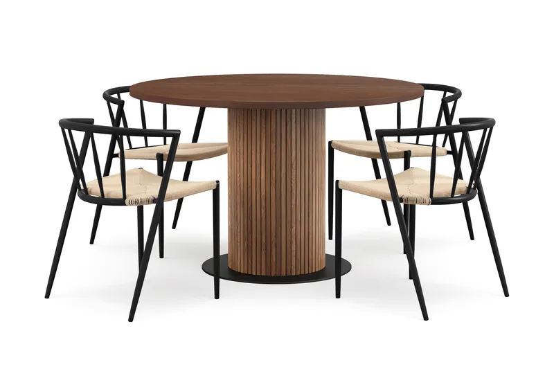 Noira Lite Rundt Spisebord Valnøtt 120 cm med 4 Winston Spisestoler, Brun / Beige / Metallben Svart