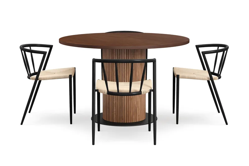 Noira Lite Rundt Spisebord Valnøtt 120 cm med 4 Winston Spisestoler - Brun / Beige / Metallben Svart - Møbler - Bord - Spisegrupper