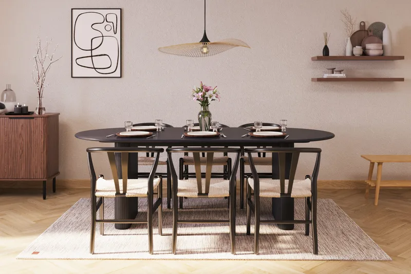 Noira Oval spisegruppe 220 cm i træ med 6 stole - sort - Møbler - Bord - Spisegrupper