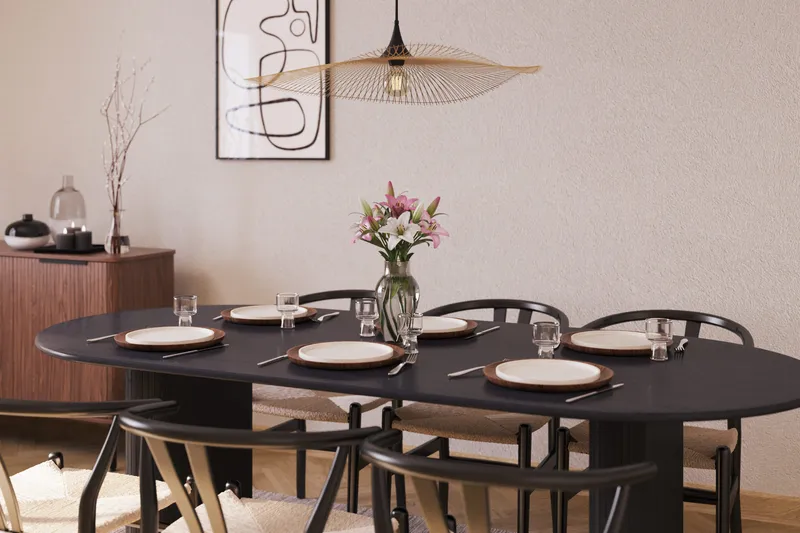 Noira Oval spisegruppe 220 cm i træ med 6 stole - sort - Møbler - Bord - Spisegrupper