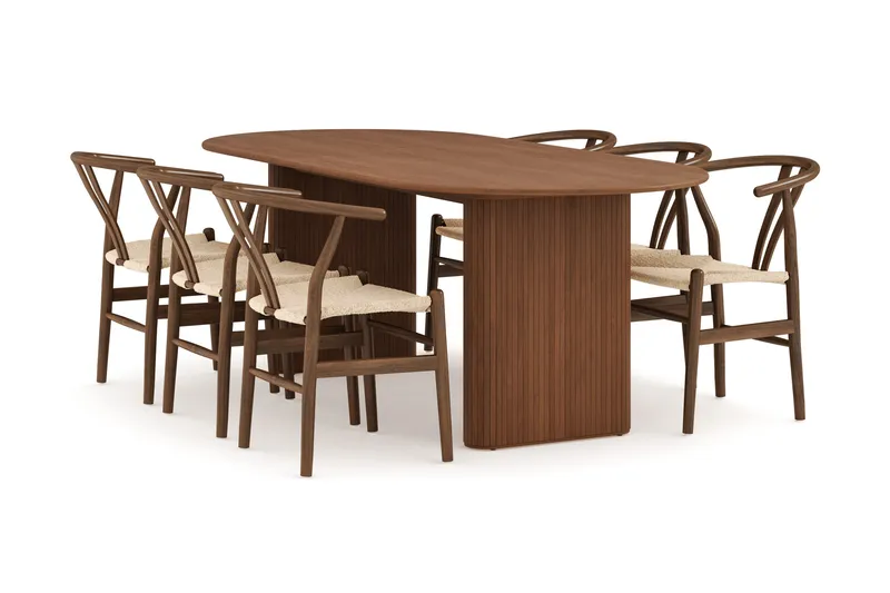 Noira Oval Spisegruppe 220 cm Valnøtt med 6 Dastoori Spisestoler, Ribbet / Natur / Mørkebrun / Brunt Tre