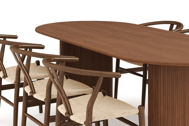 Noira Oval Spisegruppe 220 cm Valnøtt med 6 Dastoori Spisestoler - Ribbet / Natur / Mørkebrun / Brunt Tre - Møbler - Bord - Spisegrupper