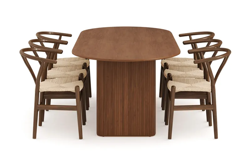 Noira Oval Spisegruppe 220 cm Valnøtt med 6 Dastoori Spisestoler - Ribbet / Natur / Mørkebrun / Brunt Tre - Møbler - Bord - Spisegrupper