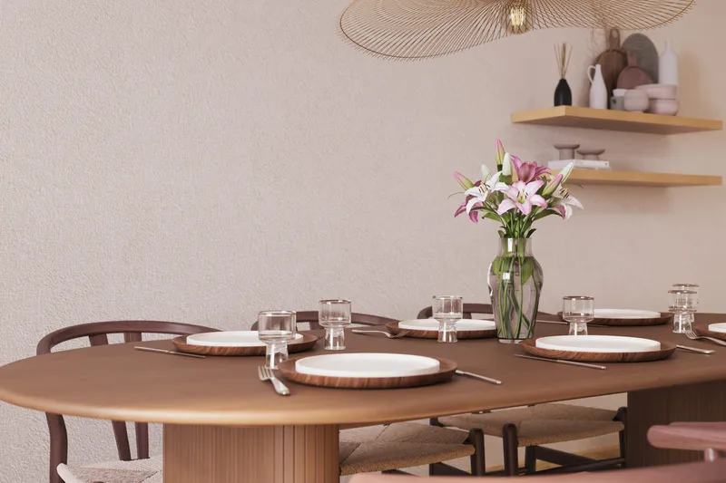 Noira Oval Spisegruppe 220 cm Valnøtt med 6 Dastoori Spisestoler - Ribbet / Natur / Mørkebrun / Brunt Tre - Møbler - Bord - Spisegrupper