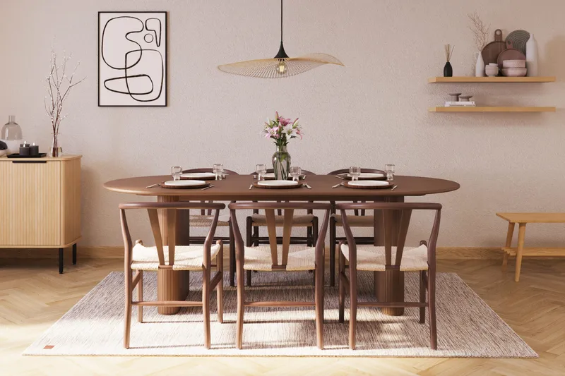 Noira Oval Spisegruppe 220 cm Valnøtt med 6 Dastoori Spisestoler - Ribbet / Natur / Mørkebrun / Brunt Tre - Møbler - Bord - Spisegrupper