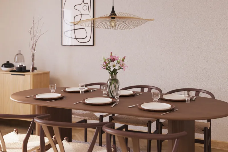 Noira Oval Spisegruppe 220 cm Valnøtt med 6 Dastoori Spisestoler - Ribbet / Natur / Mørkebrun / Brunt Tre - Møbler - Bord - Spisegrupper