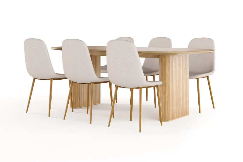 Noira Ovalt Spisebord 220 cm Eik + 6 Nibe stol beige med eikeben, Natur/Beige
