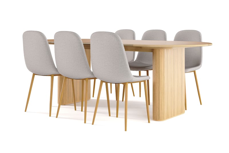 Noira Ovalt Spisebord 220 cm Eik + 6 Nibe stol grå med eikeben, Natur/Grå