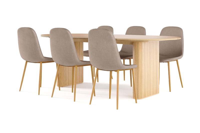 Noira Ovalt Spisebord 220 cm Eik + 6 stk Nibe stol brun med eikeben, Natur/Brun