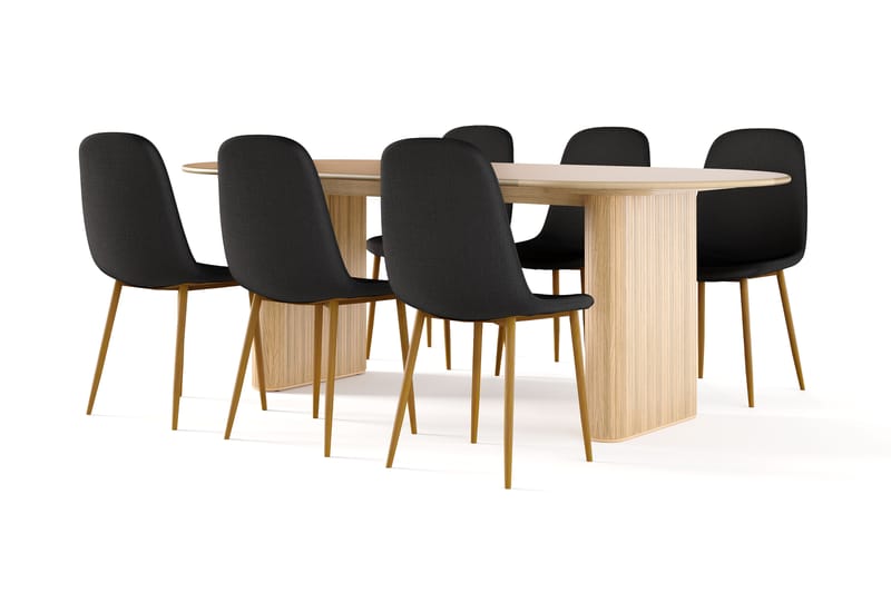 Noira Ovalt Spisebord 220 cm Eik + 6 stk Nibe stol svart med eikeben, Natur/Svart