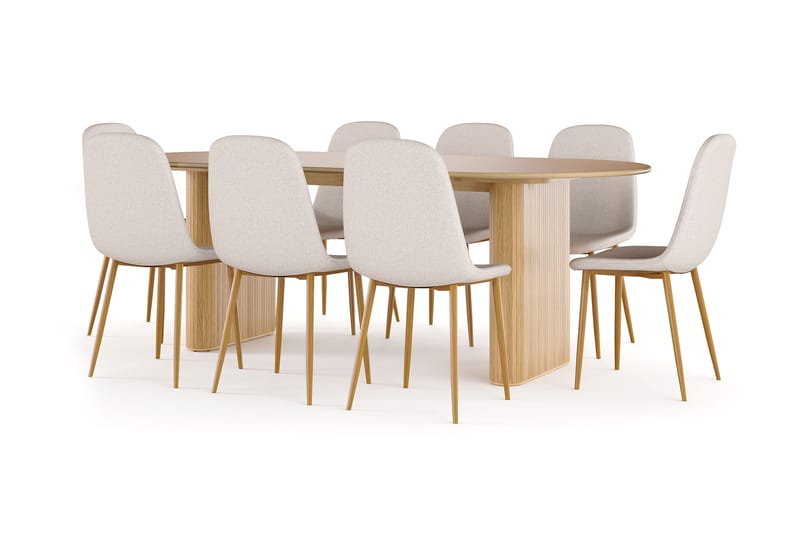 Noira Ovalt Spisebord 220 cm Eik + 8 Nibe stol beige med eikeben, Natur/Beige