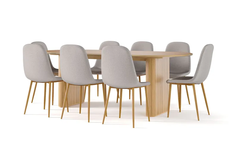 Noira Ovalt Spisebord 220 cm Eik + 8 Nibe stol grå med eikeben, Natur/Grå