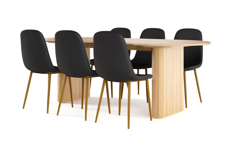 Noira Ovalt Spisebord 220 cm Eik + 8 stk Nibe stol svart med eikeben, Natur/Svart