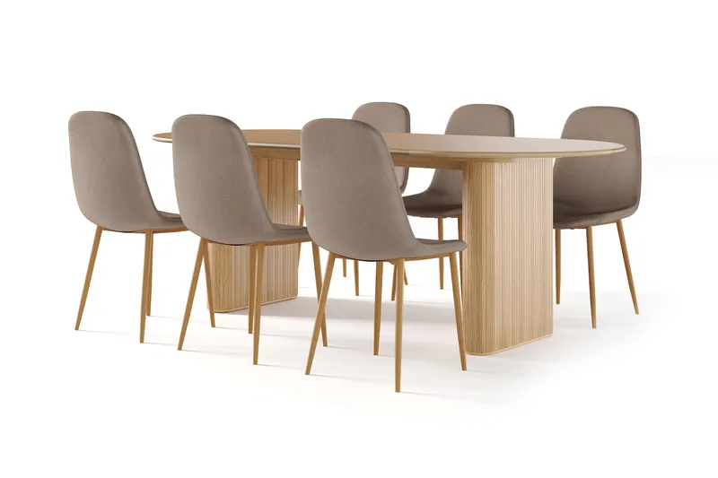 Noira Ovalt Spisebord 220 cm Eik + 8 Nibe stol brun med eikeben, Natur/Brun