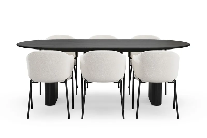 Noira Ovalt Spisebord 220 cm med 6 Filip Spisestoler - Svart / Hvit Bouclé - Møbler - Bord - Spisegrupper