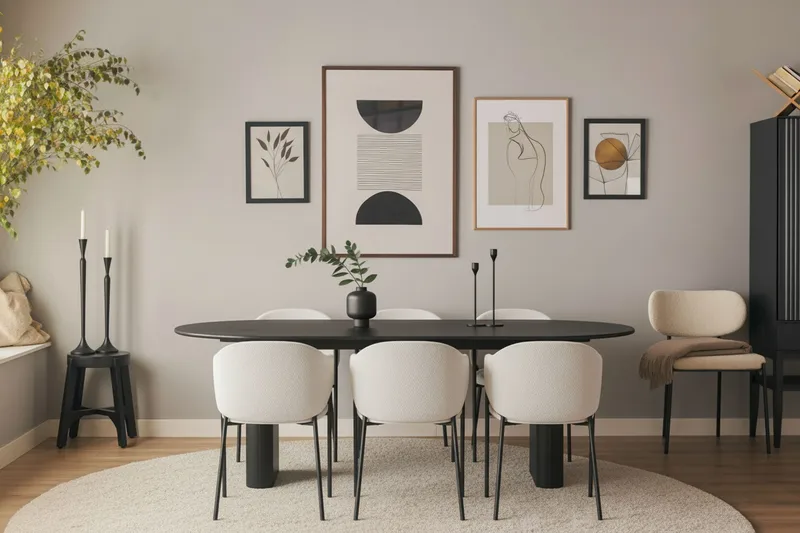 Noira Ovalt Spisebord 220 cm med 6 Filip Spisestoler - Svart / Hvit Bouclé - Møbler - Bord - Spisegrupper