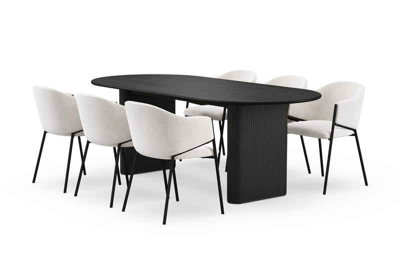 Noira Ovalt Spisebord 220 cm med 6 Filip Spisestoler, Svart / Hvit Bouclé