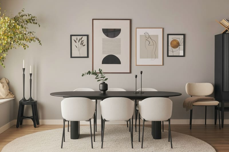 Noira Ovalt Spisebord 220 cm med 6 Filip Spisestoler - Svart / Hvit Bouclé - Møbler - Bord - Spisegrupper