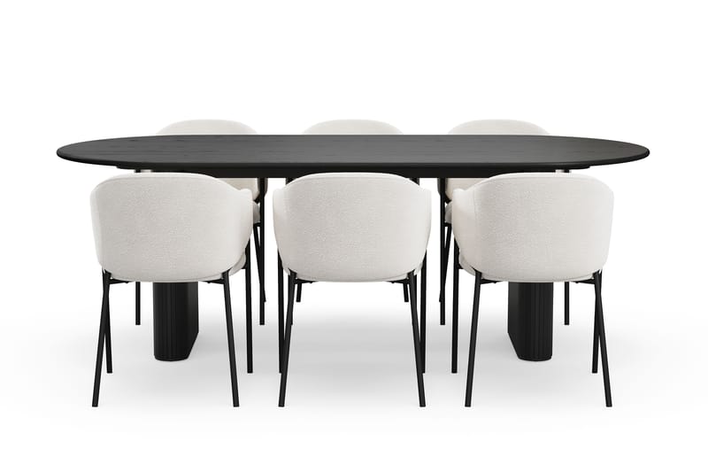 Noira Ovalt Spisebord 220 cm med 6 Filip Spisestoler - Svart / Hvit Bouclé - Møbler - Bord - Spisegrupper