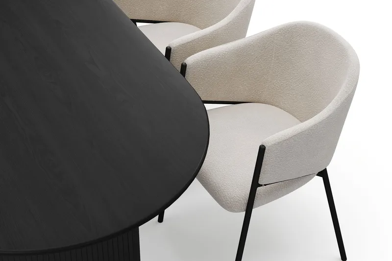 Noira Ovalt Spisebord 220 cm med 6 Filip Spisestoler - Svart / Hvit Bouclé - Møbler - Bord - Spisegrupper