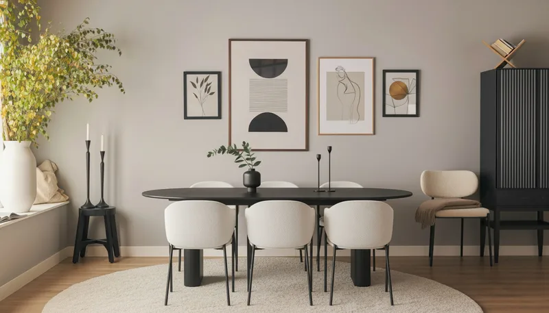 Noira Ovalt Spisebord 220 cm med 6 Filip Spisestoler - Svart / Hvit Bouclé - Møbler - Bord - Spisegrupper